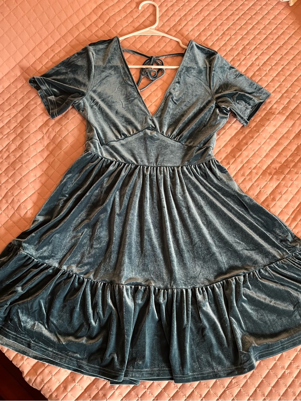 Silvery Blue Velvet V‑Neck Dress - sz S